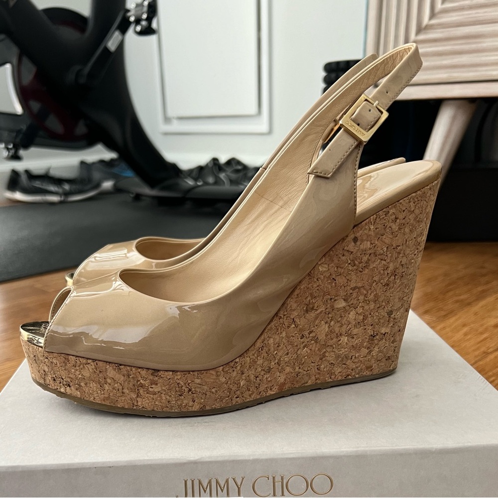 Jimmy Choo nude patent Cora wedges, size 40.5
